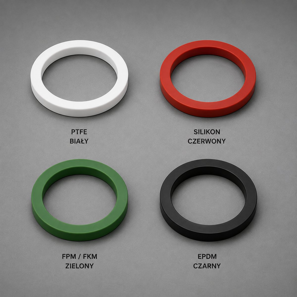 Uszczelki do złączy camlock — pierścienie NBR, EPDM, FPM/FKM, PTFE i silikon, rozmiary 1/2" – 6"